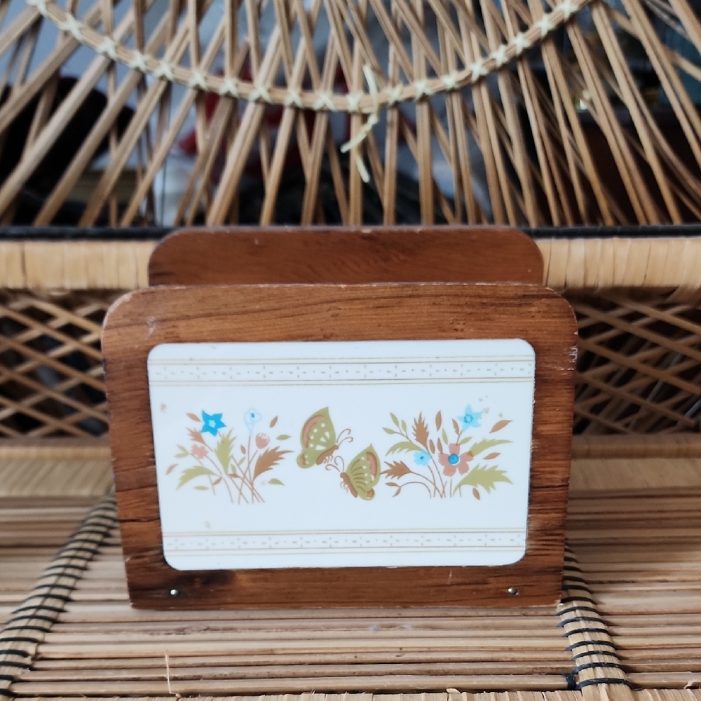 Vintage wood napkin holder with butterfly and floral design